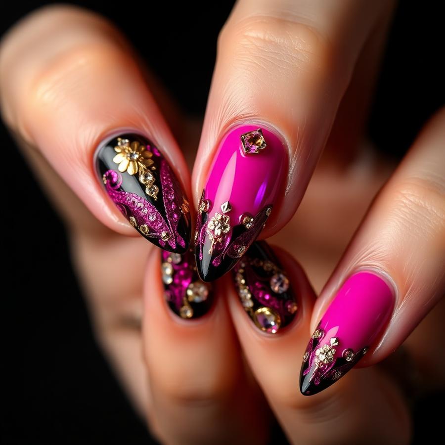 Nailart mit Steinen in Pink und Schwarz