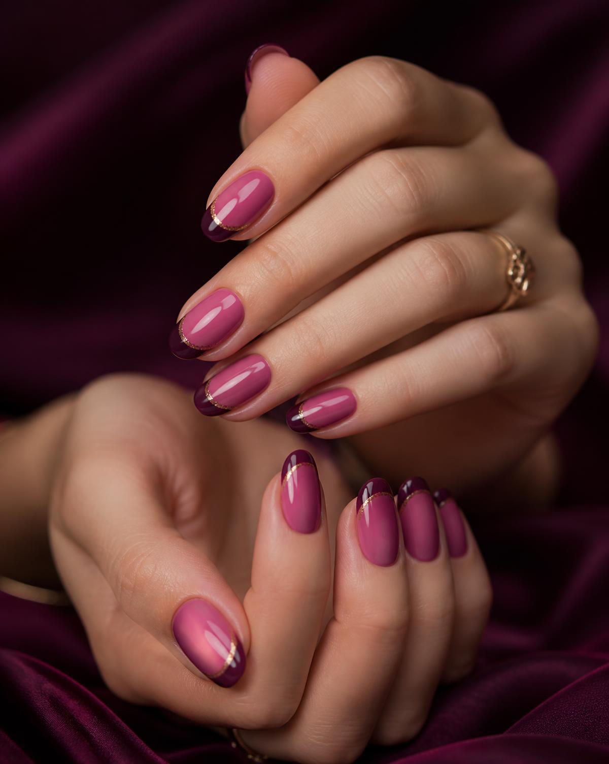 Gelnägel in Magenta mit French-Tips und Goldakzent